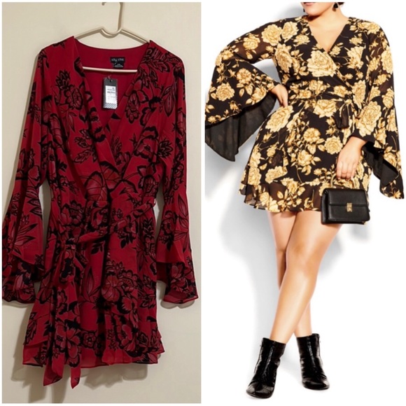 City Chic Dresses & Skirts - NEW City Chic cherry bloom Red Floral Wrap mini Dress size S/16